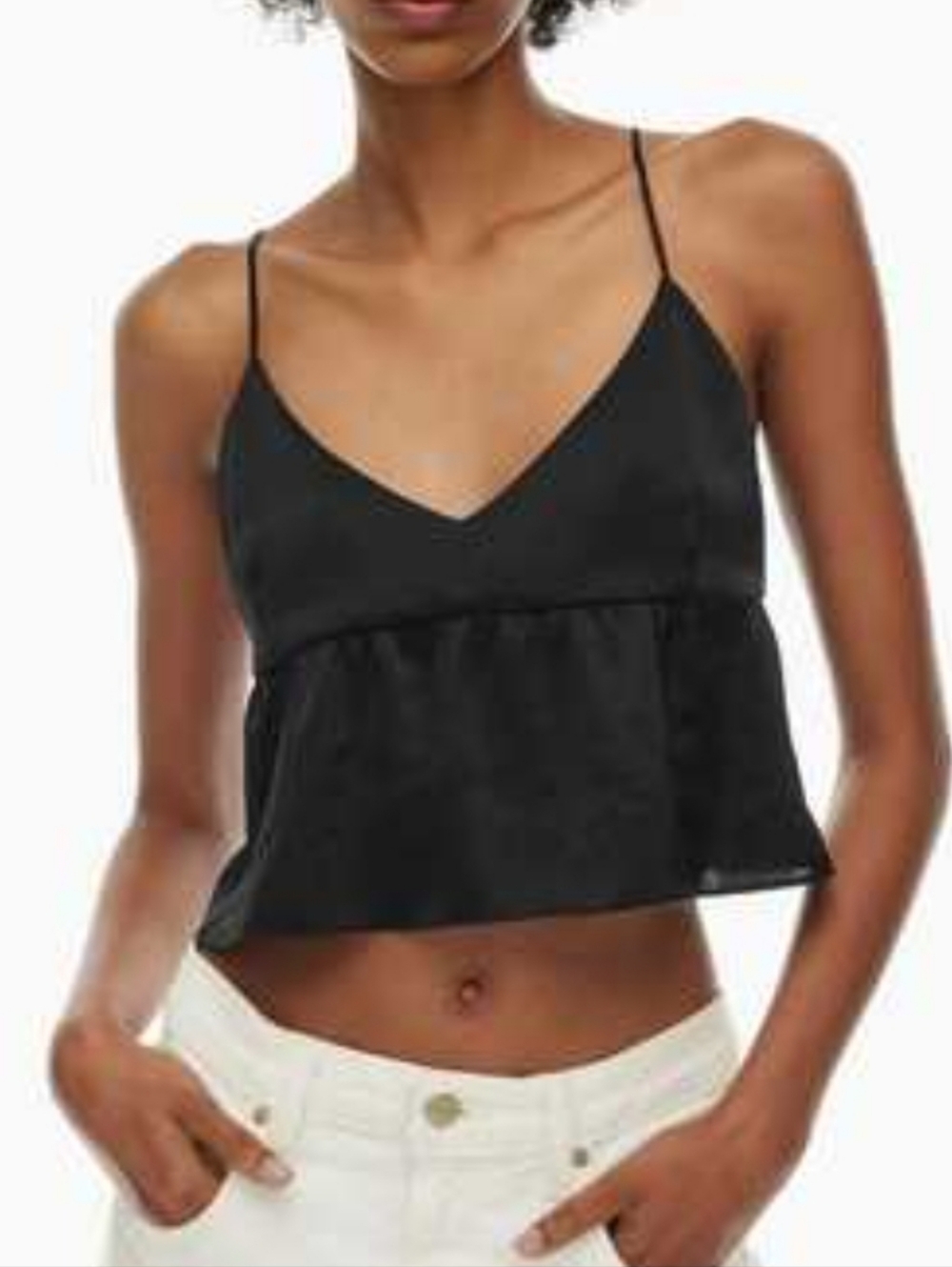 Aritzia Wilfred Lover Satin Camisole Cropped Ruffle Black Tank Top Size Medium